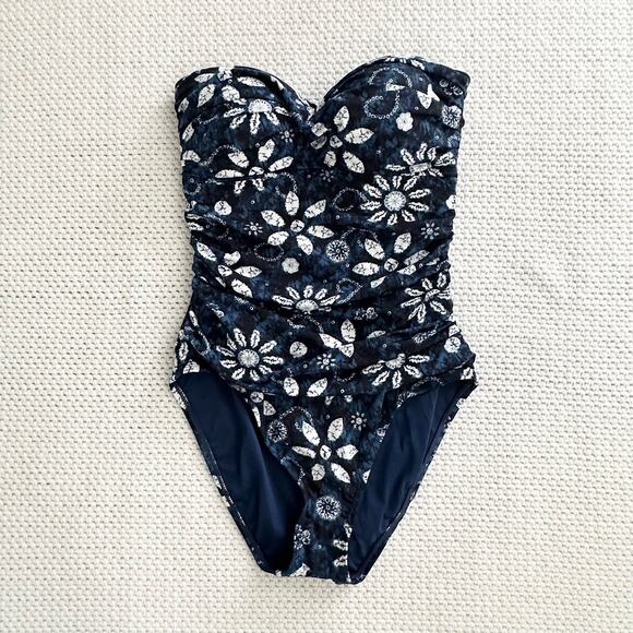 Bleu Rod Beattie NWT Blue White Tropical Floral Sweetheart One Piece Swim Suit 6 - Picture 2 of 12